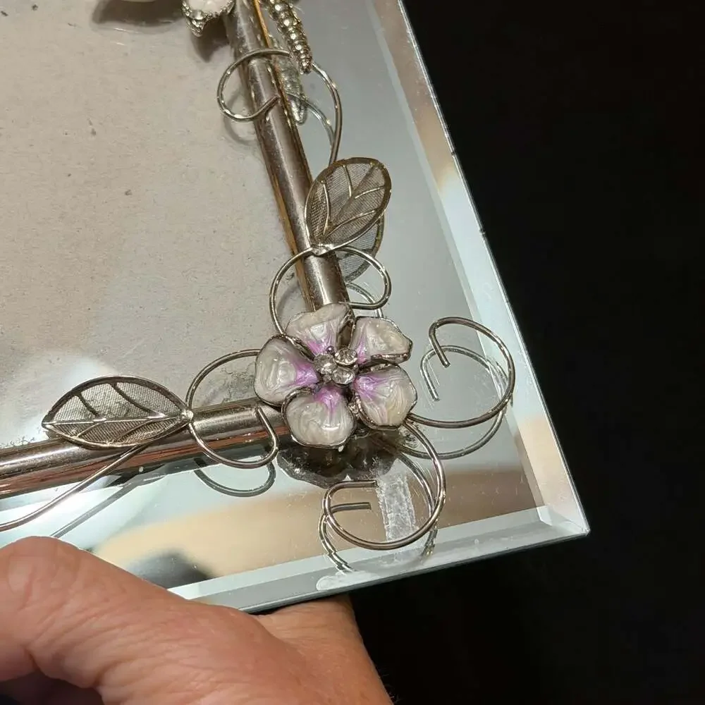 Vintage Style Mirrored Photo Frame with Enamel Dragonfly and Floral Accents